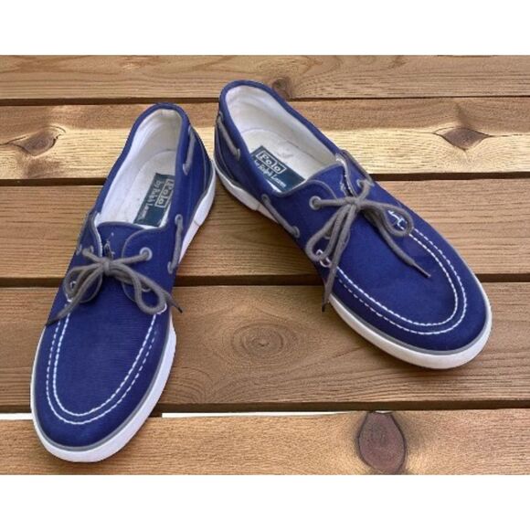 POLO by Ralph Lauren LANDER Men’s 10.5 Boat Shoes Navy Canvas White Trim - Picture 1 of 11